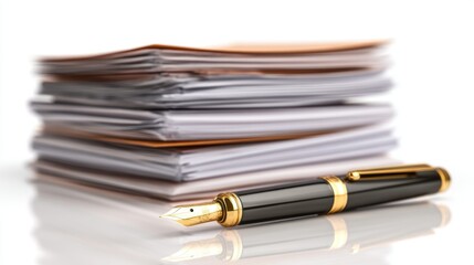 Stack of papers and pen
