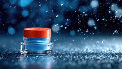 Blue cosmetic jar with red lid, bokeh, water droplets