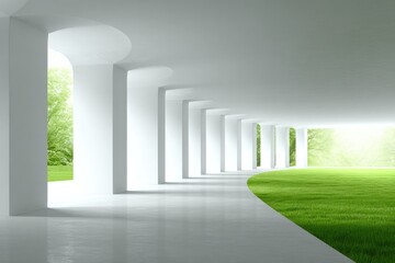 White arched colonnade leading to a grassy park