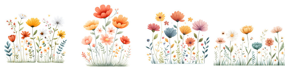 Naklejka premium Watercolor Wildflower Border Collection on White Background