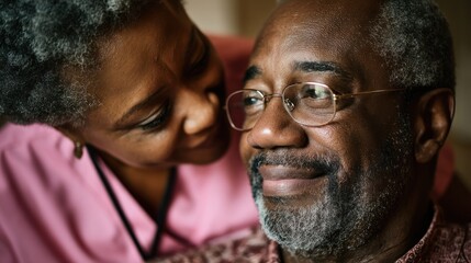 A smiling elderly couple with a woman in a pink shirt and a man in glasses, sitting together in a cozy living room with a warm, wooden floor and a large window.