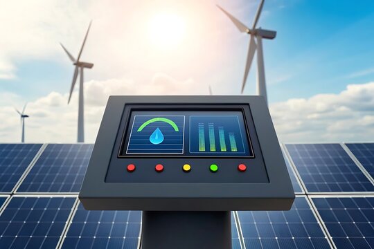 Digital display screen showing energy data with solar panels and wind turbines in background under blue sky
