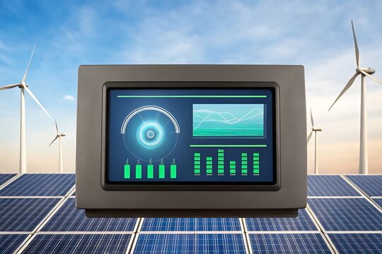 Digital control panel displaying renewable energy data with solar panels and wind turbines in background
