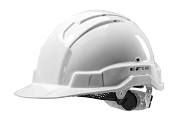 White safety helmet, angled view, showing shell design and visor