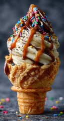 Caramel swirl ice cream cone with sprinkles
