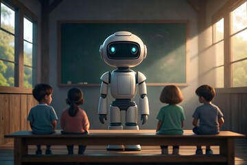 Friendly robot teaching children in a classroom with sunlight streaming through windows learning