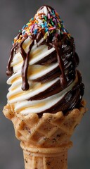 Swirled ice cream cone, chocolate and vanilla, drizzled with chocolate sauce, topped with sprinkles