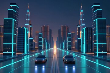 Futuristic city skyline with glowing blue neon lights and two cars on a reflective road at night cityscape