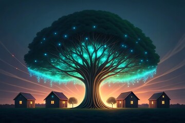 Giant luminous tree with glowing blue lights and cascading energy above small houses at sunset giant tree