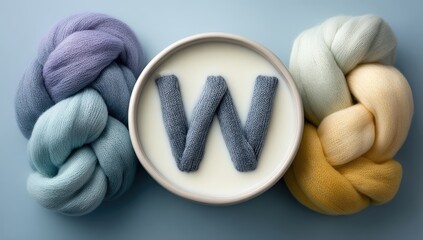 Pastel yarn knots surround a bowl of milk with a letter W