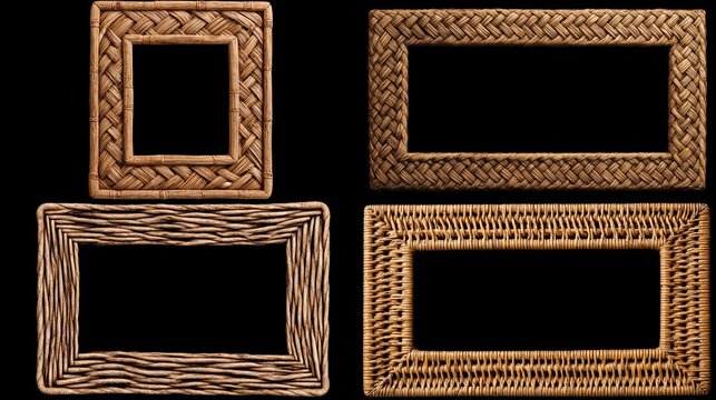 Four empty picture frames, each with a unique woven texture and design, stand against a solid black background