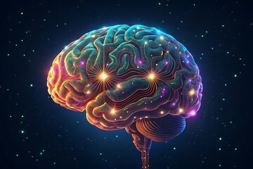 Glowing human brain with interconnected neural pathways and sparkling lights against a dark starry background