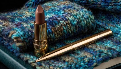 Lipstick and pen on a textured fabric