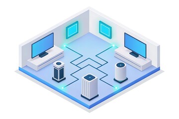 Isometric view of a smart home entertainment room with connected devices and glowing blue network lines