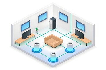Isometric living room with multiple screens connected by glowing green lines and futuristic cylindrical speakers