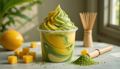 Matcha Mango Swirl Ice Cream with Bamboo Whisk and Tropical Garnish