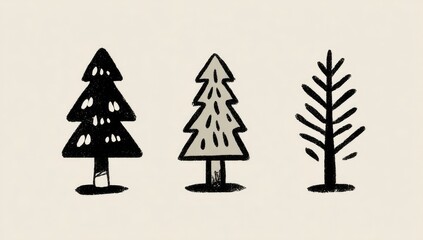 Three stylized, simple, hand-drawn Christmas trees in various shades of grey
