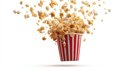 Popcorn bursts from a striped paper container