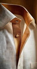 Close-up of a crisp, cream-colored shirt with gold-toned accents