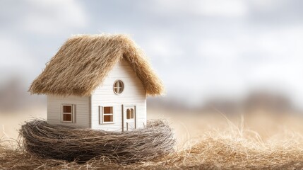 A small white house with a thatched roof, surrounded by a straw nest, set against a blurred, natural background.