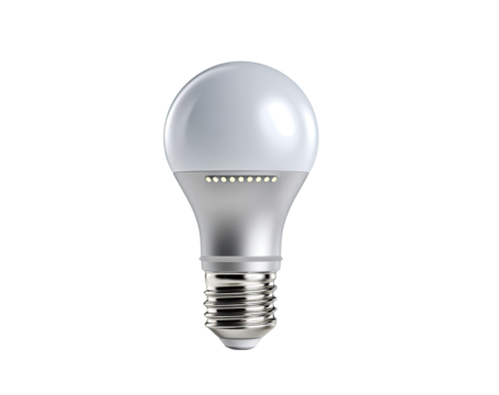A smooth, round, light gray LED lightbulb