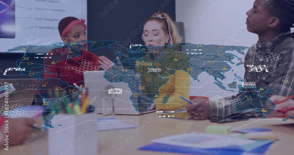 Poster team tapping laptop trackpad and reviewing data while fading world map overlay growing across table