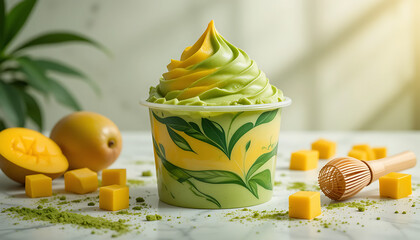 Matcha Mango Frozen Yogurt in Decorative Leaf Cup