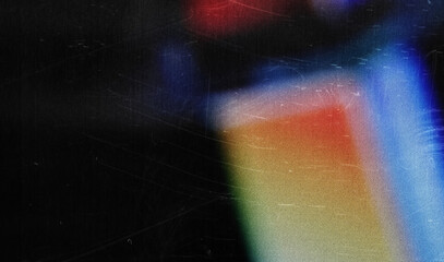 Light leaks rainbow overlay. Damaged grain screen gradient background. Glitch noise on black...