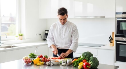 A chef in a white uniform preparing a meal in a modern kitchen with a variety of fresh vegetables and fruits.