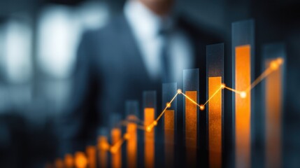 A businessman standing in front of a glowing orange bar graph on a dark background.