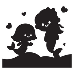 Cute mermaid cartoon characters flat vector silhouettes White Background.