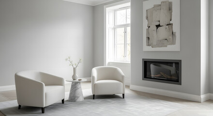 Fototapeta premium A serene and bright contemporary living room with elegant armchairs, a modern fireplace, and minimalist decor.