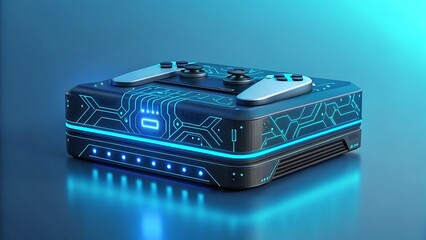 Futuristic black gaming console with glowing blue circuit board patterns and silver game controller on top