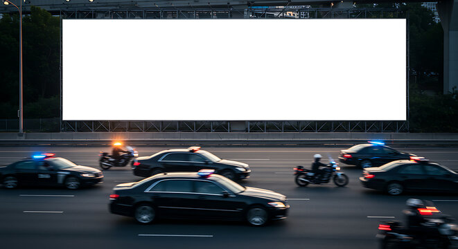 Blank Billboard Above Highway, Speeding VIP Motorcade