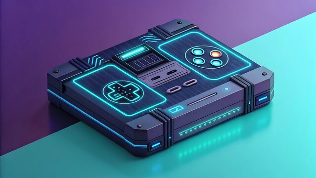 Futuristic glowing blue neon retro gaming console with digital display and buttons on a purple and teal background