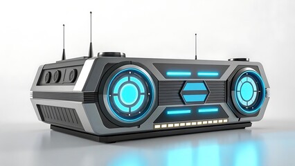 Futuristic silver and gray boombox with glowing blue lights and antennas radio audio