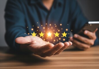 Photo of customer satisfaction represented by five glowing stars floating above an open hand holding a smartphone, symbolizing excellent service and feedback