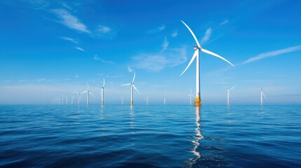 A wind farm with multiple wind turbines in the ocean under a clear blue sky.
