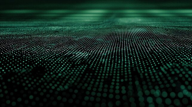 A digital wave of green dots on a black background. The wave has a futuristic, abstract style.