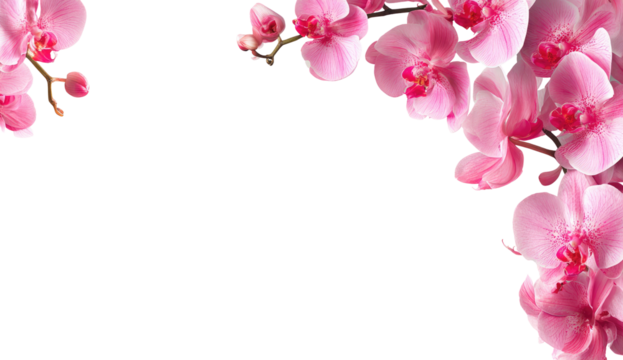 Pink orchid blossoms frame a transparent background