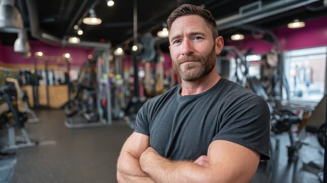 A man standing in a gym with his arms crossed.