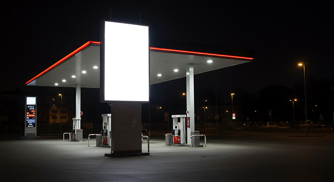 Blank Advertising Sign on Fuel Pump at Night Gas Station