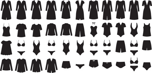 Clothing, fashion silhouette icon set. apparel, swimwear, lingerie silhouette collection.