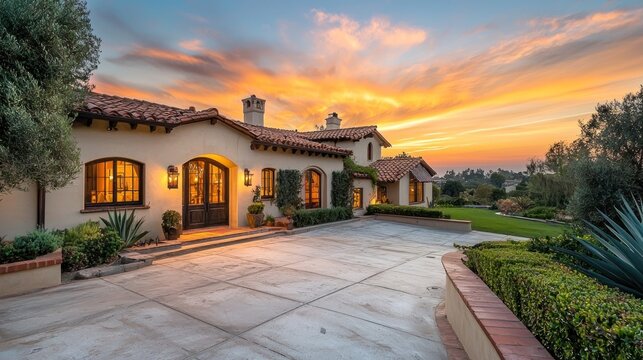 A serene Mediterranean-style home with a tiled roof and lush greenery, set against a vibrant sunset sky. - Powered by Adobe