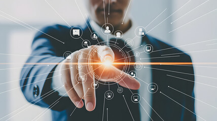 Innovative business solutions visualized as a professional taps into a digital network, connecting global technologies with ease and efficiency today
