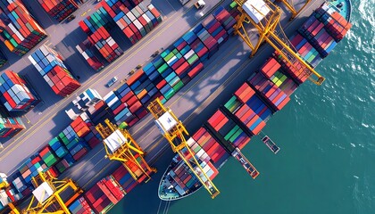 Aerial view of a container ship being loaded at a busy port terminal