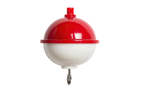Red and white fishing bobber.  Round,  with top half red, bottom half white.  Small hook at bottom