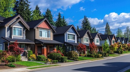 A row of houses with a blue sky and green trees in the background.
