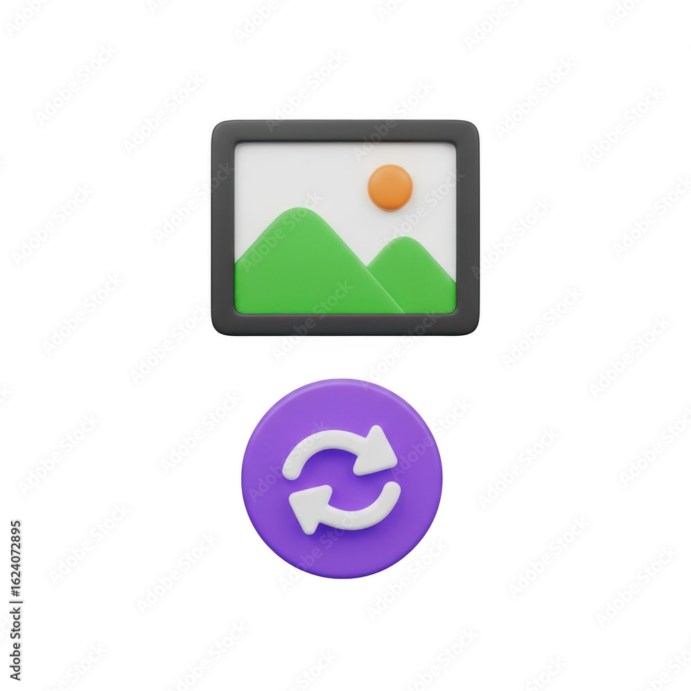Aufkleber 3d illustration of a picture frame with a landscape scene and a refresh icon isolated on transparent