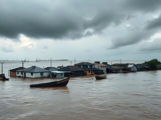 Fototapeta premium Coastal Town Submerged, Rising Sea Level Impact